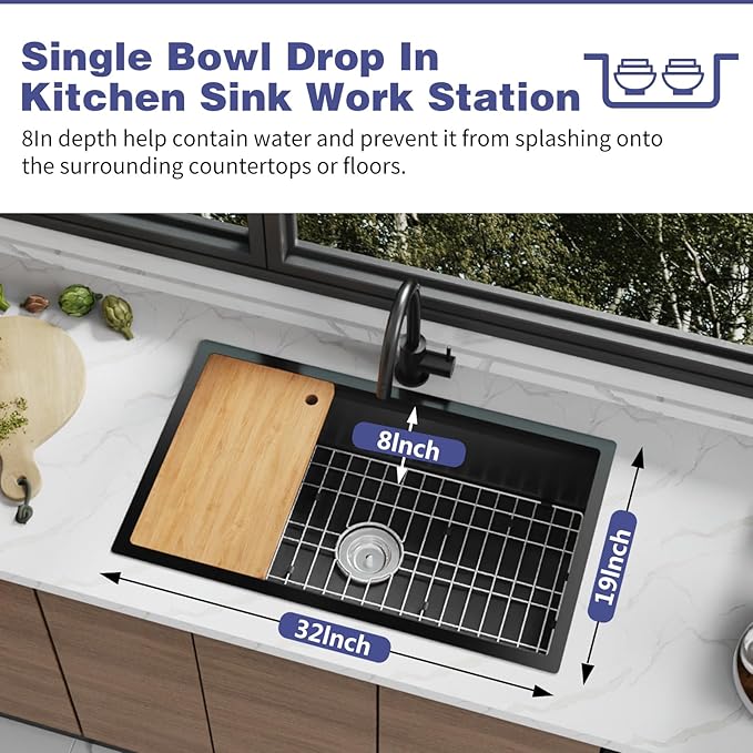 Black Kitchen Sink Workstation,32"x19" Stainless Steel Undermount Single Bowl Sink Built-in Ledge Drop In Workstation Sink Design For Place/Slide Accessories-Cutting Board,Drying Rack,Colander