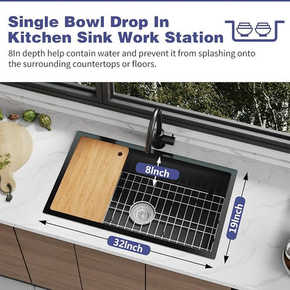 Black Kitchen Sink Workstation,32"x19" Stainless Steel Undermount Single Bowl Sink Built-in Ledge Drop In Workstation Sink Design For Place/Slide Accessories-Cutting Board,Drying Rack,Colander