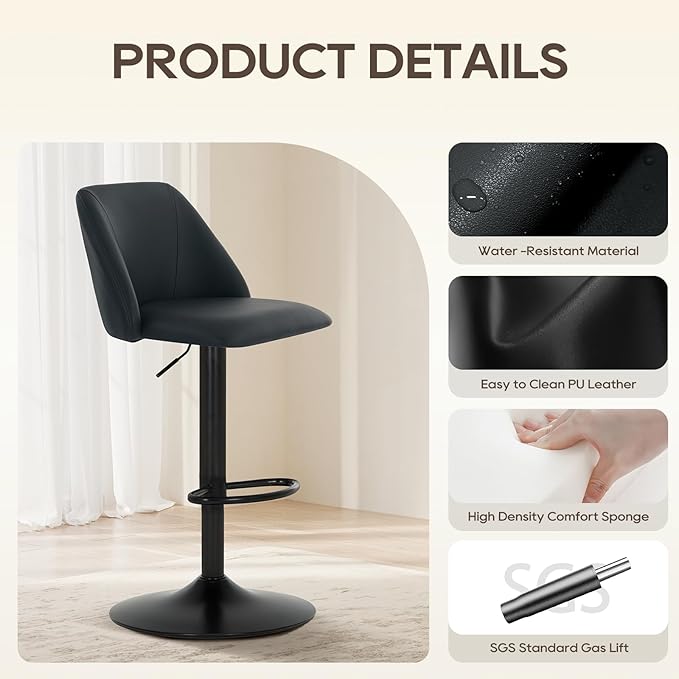 COLAMY Bar Stools Set of 1, Modern Swivel Bar Chairs, Adjustable PU Leather Upholstered Barstools Counter Height with Square Open Back for Bar, Kitchen Island, Dining Room, Black