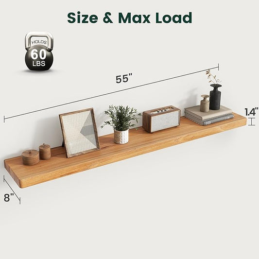 55 Inch Flat Edge Floating Shelves, 8 Inch Deep Solid Elm Wood Wall Shelf, Heavy-Duty Wall Mounted Shelf with Invisible Brackets for Living Room, Bathroom, Kitchen, Set of 1, Natural Color