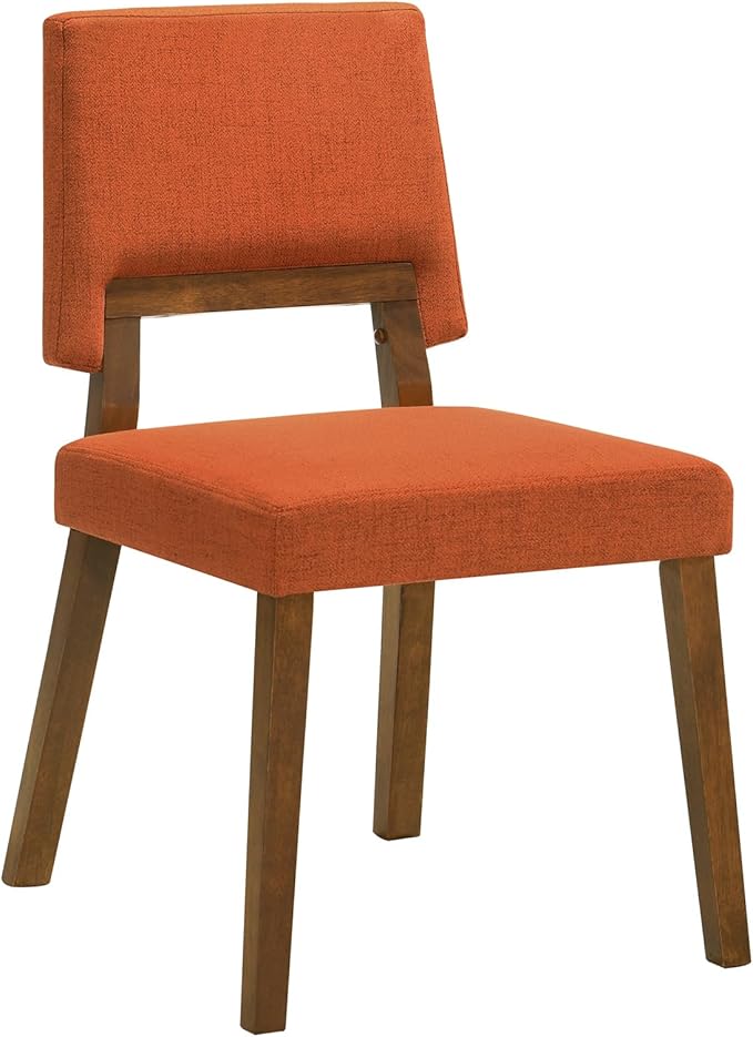 Armen Living Channell Wood Dining Chair in Walnut Finish with Orange Fabric - Set of 2