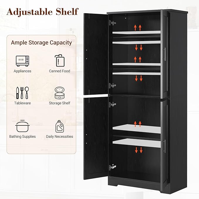 GarveeHome 70 in Tall Kitchen Pantry Cabinet, Freestanding Storage Cabinet with 4 Doors and Adjustable Shelves, Utility Cupboard for Dining Room, Living Room, Bathroom, Black