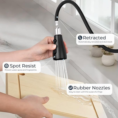 FGKQ Matte Black Kitchen Faucet with Pull Down Sprayer, Kitchen Sink Faucet with Sprayer and Deck, Commercial Faucet for Kitchen Sink, Single Handle, Suitable for RV/Bar Sink