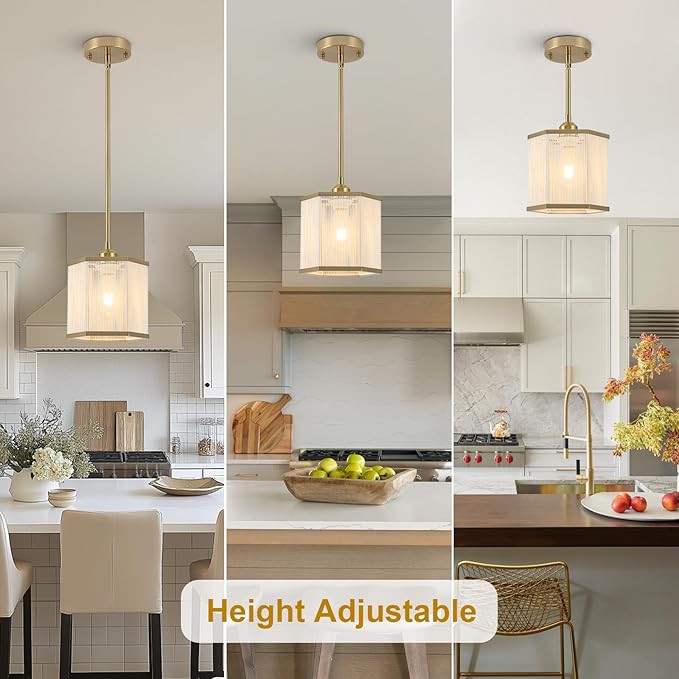 3-Pack Modern Gold Rattan Pendant Light Fixtures, 7.67" Hand-Woven Hexagonal Island Lighting, Boho Hanging Pendant for Kitchen Island, Dining Room, Hallway, E26 Base