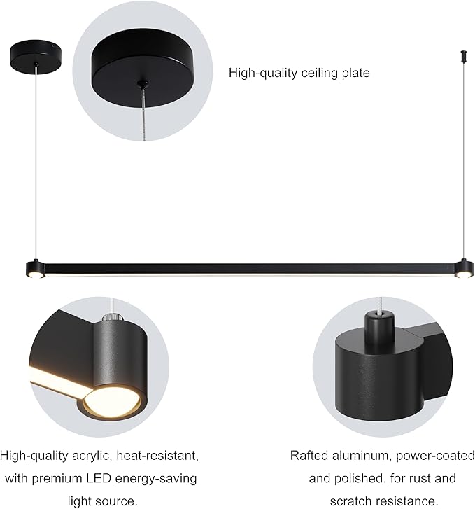 Room Decor Modern Chandelier LED Linear Chandelier Pendant Lighting for Living Room Office Dining Room Kitchen Island Billiard Room, Black 3000K-6000K 15W, Dimmable Brightness