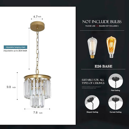 Small Gold Crystal Chandeliers for Kitchen Island Small Pendant Light Mini Contemporary Ceiling Pendant Light Fixture for Dining Room, Bedroom, Entryway 8 Inches