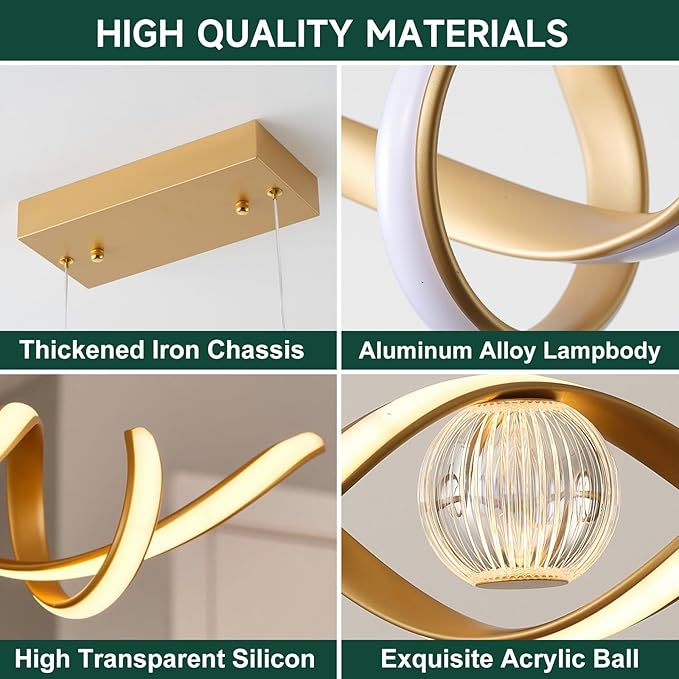 ORANOOR LED Modern Chandeliers for Dining Room, 39in Dimmable Gold Chandelier Kitchen Pendant Lighting Over Island, Linear Wave Spiral Pendant Light Fixtures Dining Room Lights Ceiling Hanging, 36W