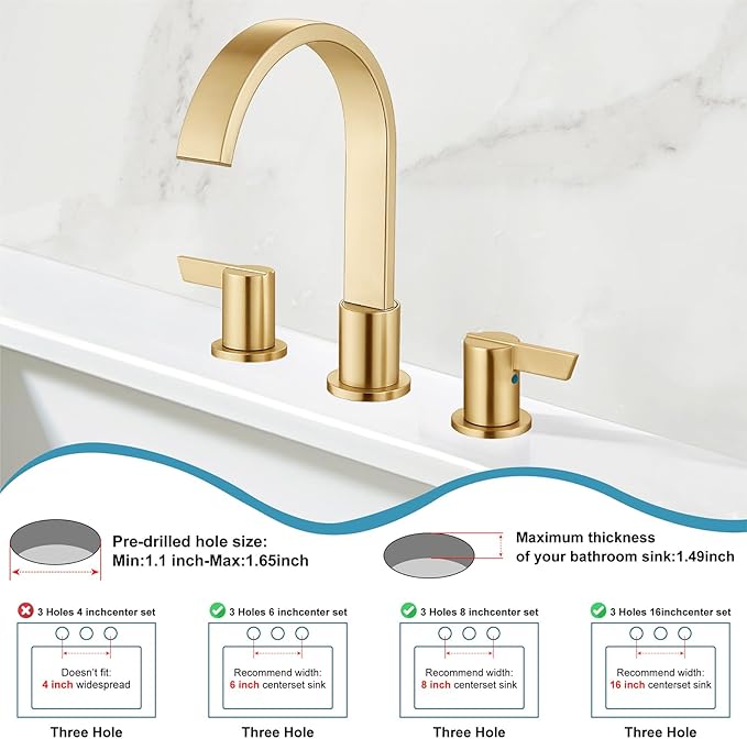 Midanya 8 inch Widespread Bathroom Sink Faucet,Modern Waterfall 3 Hole 2 Handles Bathroom Faucet 8" Vanity Faucets with Pop Up Drain and Water Supply Lines,Gold