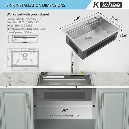 Kichae Waterfall Kitchen Sink Drop In - Kitchen Sink 33x22 Drop In Waterfall with Hot & Cold Water Stainless Steel 16 Gauge Workstation Sinks Handmade Single Bowl with Faucet Combo & Glass Rinser