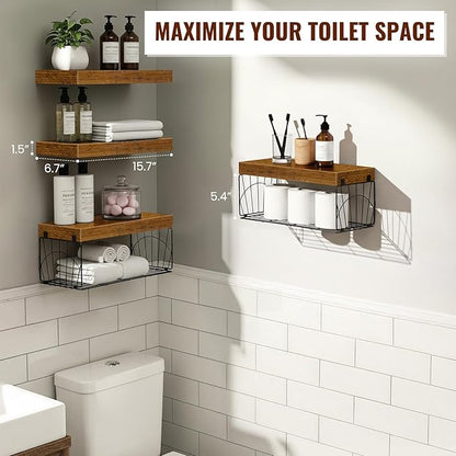 4 Pack Wall Mounted Rustic Wood Floating Shelves with 2 iron Hanging Baskets, Bathroom Shelves Over Toilet, Toilet Paper Storage, Farmhouse Decor Hanging Shelf for Living Room, Kitchen, 16 inch, Brown