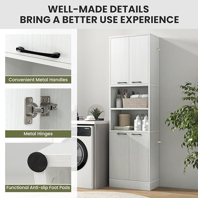 75” Kitchen Pantry Cabinet, Tall Freestanding Kitchen Hutch with 4 Doors, 2 Open Shelves & 4 Anti-Tipping Devices, Bathroom Storage Cabinet for Living Room, Dining Room (White Oak)
