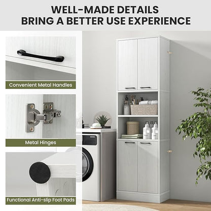 75” Kitchen Pantry Cabinet, Tall Freestanding Kitchen Hutch with 4 Doors, 2 Open Shelves & 4 Anti-Tipping Devices, Bathroom Storage Cabinet for Living Room, Dining Room (White Oak)