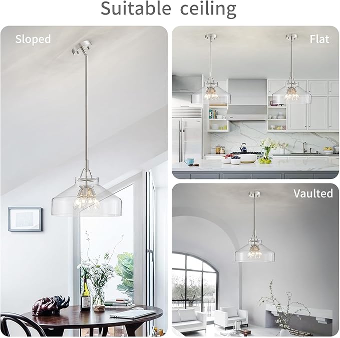 WUZUPS Chandelier Rustic Farmhouse Industrial Round Ceiling Pendant LED Light Fixture with Clear Glass Shades for Dining Room Kitchen Island Foyer Entryway, H 11.8" W 15", E26 Base, Gold