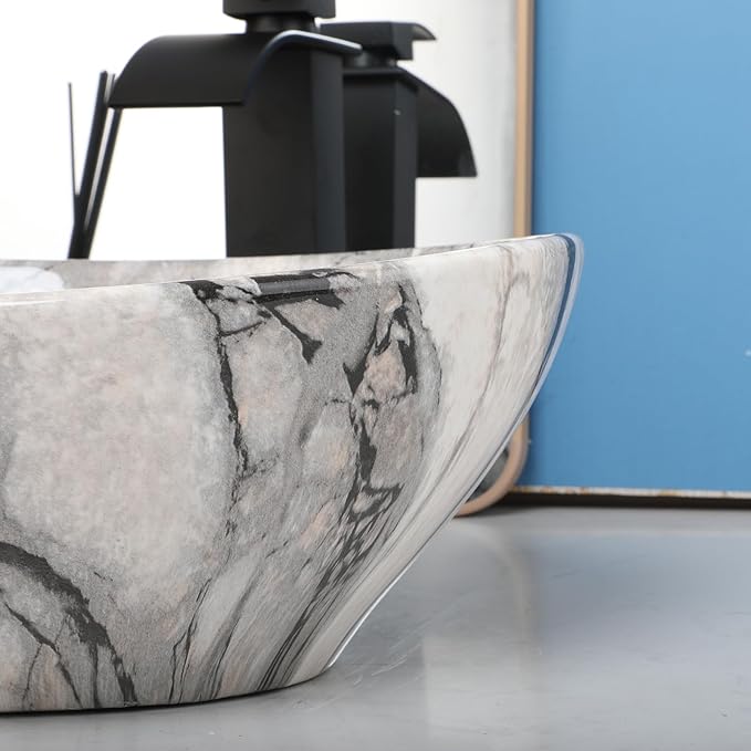 White Marbling Bathroom Vessel Sink With Black Faucet And Drain 16"x13" Oval Vessel Sink Ceramic Basin Bowl White Black Marble Bathroom Sinks Above Counter Bowl Sinks For Bathroom