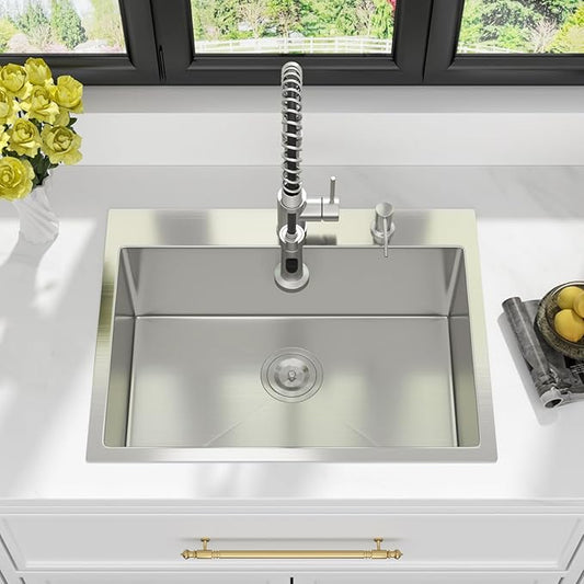 Kichae 24 Drop In Kitchen Sink - Stainless Steel Sinks 24 x 18 Inch Topmount Overmount Single Bowl Handmade Basin with Accessories