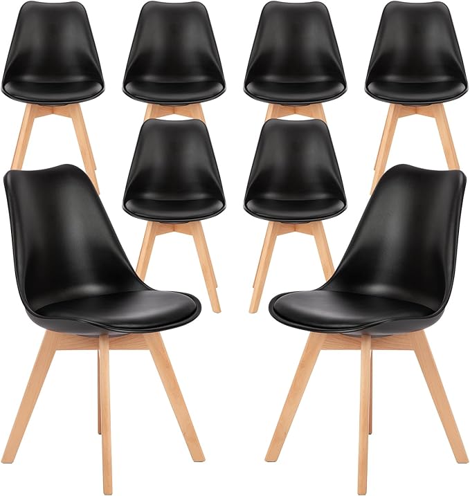 NEWBULIG Dining Chairs Set of 8, Mid Century Modern Dining Room Chairs for Kitchen, PU Leather Cushion and Upholstered Side Seating with Wood Legs for Living Rroom, Lounge, Black