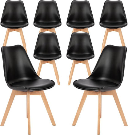 NEWBULIG Dining Chairs Set of 8, Mid Century Modern Dining Room Chairs for Kitchen, PU Leather Cushion and Upholstered Side Seating with Wood Legs for Living Rroom, Lounge, Black