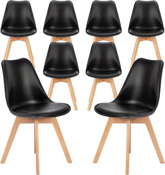 NEWBULIG Dining Chairs Set of 8, Mid Century Modern Dining Room Chairs for Kitchen, PU Leather Cushion and Upholstered Side Seating with Wood Legs for Living Rroom, Lounge, Black