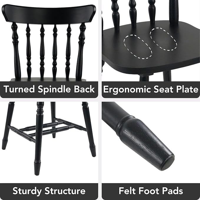 chairus Vintage Black Dining Chairs Set of 6, Farmhouse Windsor Wooden Dining Room Chairs with Turned Spindle Back & Legs, Traditional Colonial Armless Side Kitchen Chairs