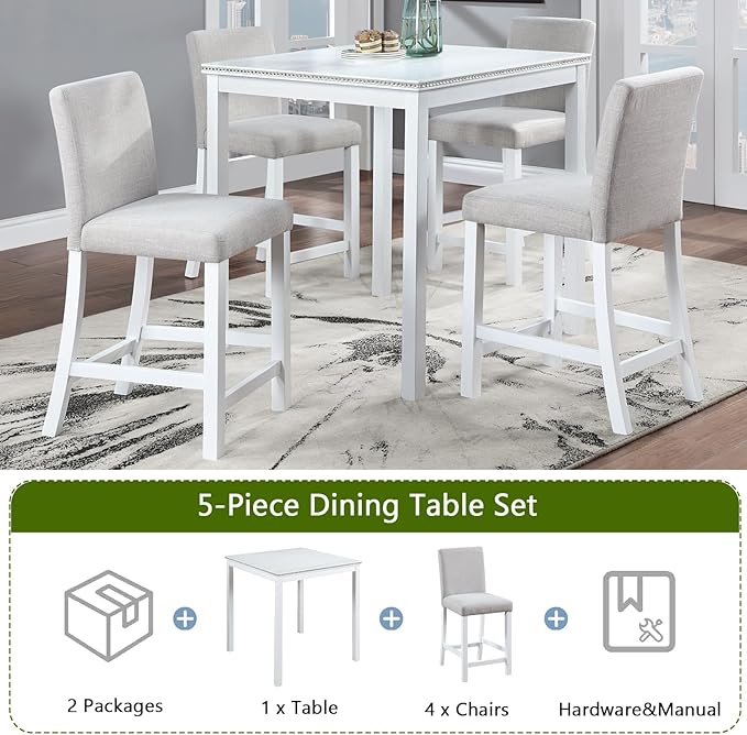 5 Piece Counter Height Dining Table Set for 4, Elegant Wooden Kitchen Table and 4 Upholstered Chairs with Crystal Decoration, Square Dining Table Set for Kitchen and Dining Room, White