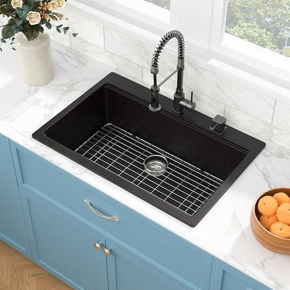 Sarlai Granite Composite Kitchen Sink - 33"x22" Drop In Kitchen Sink Matte Black Ledge 33 Inch Workstation Granite Quartz Composite Top-Mount Single Bowl Sinks Basin with Accessories