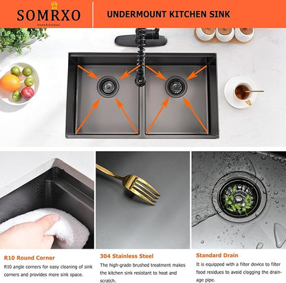 30 Inch Black Undermount Kitchen Sink Double Bowl - 30x18 Undermount Workstation Sink 16 Gauge Black Stainless Steel 10 Inch Deep Double Bowl Kitchen Sinks