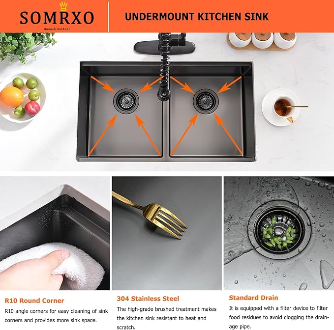 32 Inch Black Undermount Kitchen Sink Double Bowl - 32x19 Undermount Workstation Sink 16 Gauge Black Stainless Steel 10 Inch Deep Double Bowl Kitchen Sinks