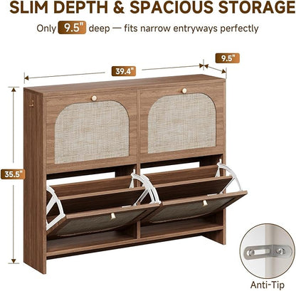 Nicetree Freestanding Arched Rattan Accent Ultra Slim Shoe Cabinet for Entryway - 4 Flip Drawers & 3-Tier Adjustable Shelves, Farmhouse Modern Rustic Shoe Rack for Hallway, Foyer, Living Room