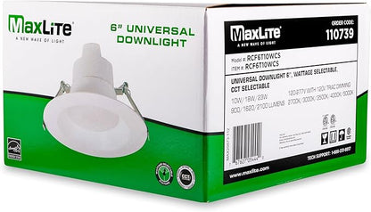 Maxlite RCF6T10WCS Universal Downlight 6 Inch LED Recessed Light - White, Canless, 2700K, 3000K, 3500K, 4000K, 5000K CCT Selectable, 120-277V, Dimmable to 10%, Wet Location Suitable, 107 Degree Angle