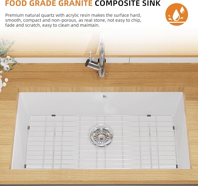 Quartz Kitchen Sink, 30 Inch White Undermount Kitchen Sinks, Deep Single Bowl Granite Composite Sink, Modern Sinks Providing Complete Accessories, Spacious Workspace and Easy Cleaning