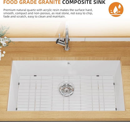Quartz Kitchen Sink, 30 Inch White Undermount Kitchen Sinks, Deep Single Bowl Granite Composite Sink, Modern Sinks Providing Complete Accessories, Spacious Workspace and Easy Cleaning