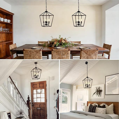 4 Light Chandelier, Industrial Ceiling Light Black Lantern Light Fixtures with Farmhouse Metal Cage Adjustable Height Rustic Geometric Hanging Light E12 Base for Kitchen Island, Entryway, Indoor