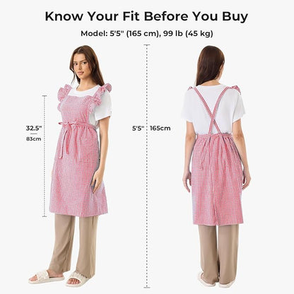 Vintage Gingham Apron for Women, Ruffle Straps, 2 Pockets, Soft Cotton, Apron Dress Style for Cooking & Baking