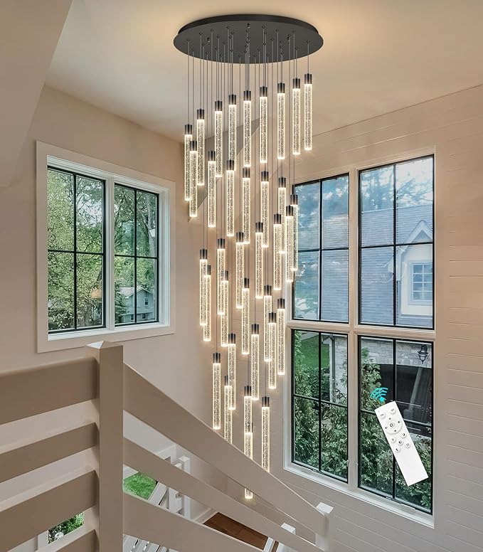 35-Light Long Large Modern Led Crystal Chandeliers Modern Spiral Chandeliers High Ceilings Chandelier for Staircase Foyer Black