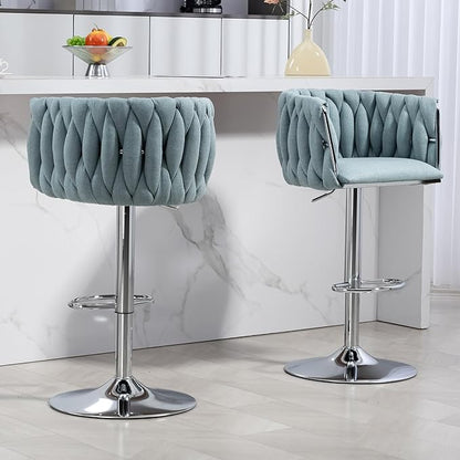 360° Swivel Fabric Bar Stools Set of 2 (Blue) - Adjustable Counter Height Chairs with Woven Back, Footrest,Silver Chrome Metal Frame - Sturdy 250LBS Capacity for Kitchen Island, Cafe, Pub.