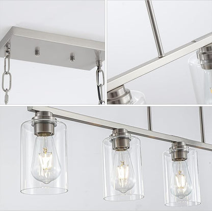 Mecgirn Island Light for Kitchen, Brushed Nickel Dining Room Light Fixture Over Table, 5-Light Linear Chandelier Pendant Lighting for Dining Table Kitchen Island Living Room
