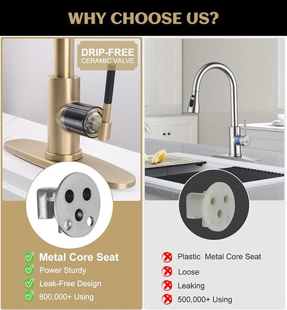Kitchen Faucet with Pull Down Sprayer, Brushed Gold High Arc Stainless Steel Single Handle Kitchen Sink Faucet, 3 Spray Modes Metal Head, 1 Hole or 3 Hole Installation for Farmhouse