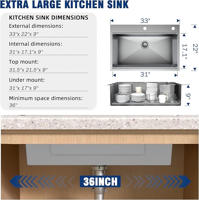 Undermount Kitchen Sink Workstation - 33x22 Inch Drop In Sink Workstation T304 18 Gauge Stainless Steel Single Bowl Kitchen Sinks with Accessories, Handmade Basin, 9 Inch Deep