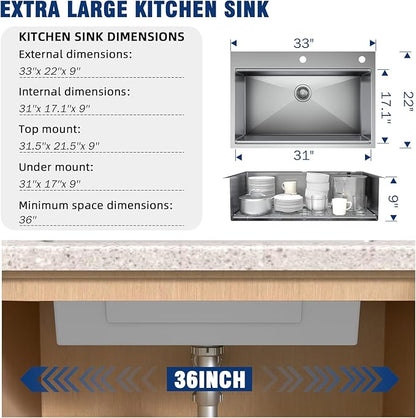 Undermount Kitchen Sink Workstation - 33x22 Inch Drop In Sink Workstation T304 18 Gauge Stainless Steel Single Bowl Kitchen Sinks with Accessories, Handmade Basin, 9 Inch Deep