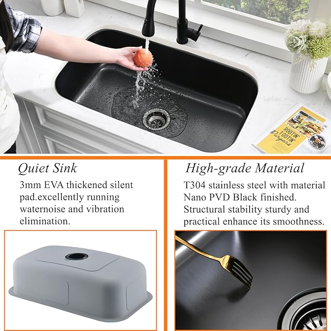 28 Black Undermount Kitchen Sink-Bokaiya 28x18 Inch Undermount Stainless Steel Sink 16 Gauge Single Bowl Kitchen Sinks with Dish Grid