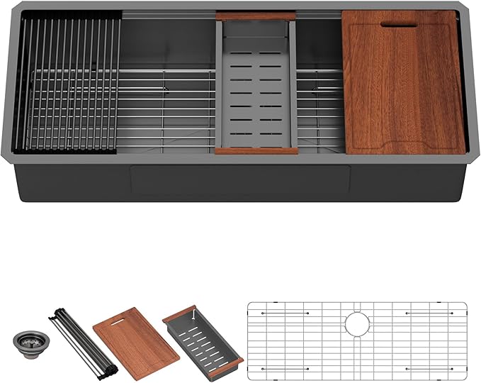 Lordear Luxury 45 Black Undermount Kitchen Sink NANO PVD Large Ledge Workstation T304 16 Gauge Stainless Steel Single Bowl Under Counter, 45''x19''x10''