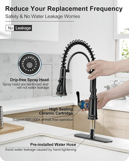 3 Modes Bronze Kitchen Faucet with Pull Down Sprayer, Single Hole Kitchen Sink Faucet 3 Hole, Stainless Steel High Arc Spring Style, 360 Degree Swivel with One Handle & Deck Plate for Farmhouse