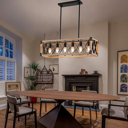 Wood Chandeliers for Dining Room,Black Farmhouse Dining Room Light Fixtures,Rustic Kitchen Light Fixtures for Kitchen Island,Bar, Coffee Shop, Adjustable Hanging Pendant Light 6-Lights