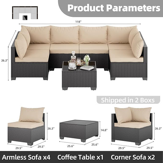 Skyfish 7 Pieces Patio Furniture Sofa - Outdoor Sectional Wicker Rattan Furniture with Cushion and Glass Table Patio Conversation Sets for Porch Poolside Backyard Outdoor Sofa Set Modular Sofa