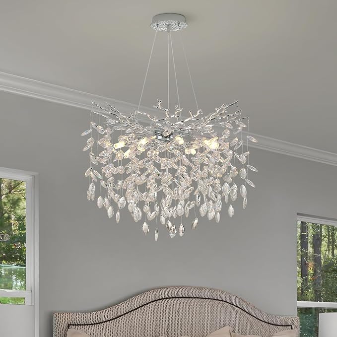 Tree Branches Chandeliers Luxury Round Crystal Pendant Light 8 Light Ceiling Hanging Light for Dining Room Bedroom Living Room Entryway 23.7" Silver