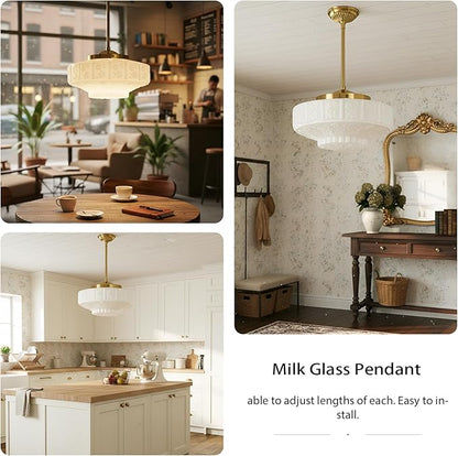 Vintage Milk Glass Pendant Light Fixture, 11.8" White Flowers Glass Chandelier, Antique Pendant Lights for Kitchen Island Lighting, Hallway, Bedroom, Dining Room, E26 Bulb Included (White, 11.8)