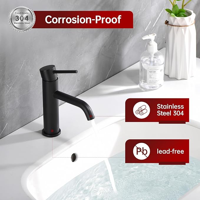SUMERAIN Matte Black Bathroom Sink Faucet Lead-Free Stainless Steel Single Handle Single Hole Vanity Faucet