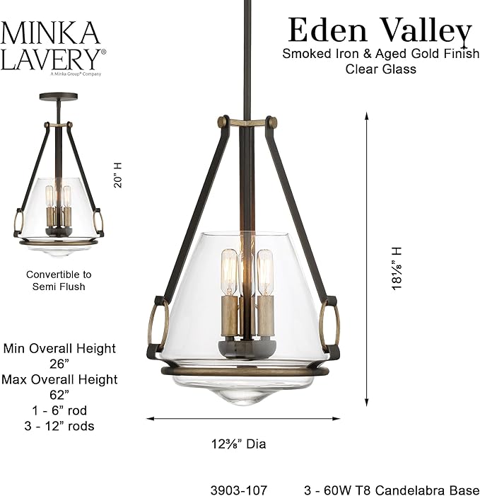 Minka Lavery 3903-107 Eden Valley Convertible Pendant to Semi-Flush, 3-Light, 180 Total Watts, 12.38-in H x 18.13-in W, Smoked Iron with Aged Gold