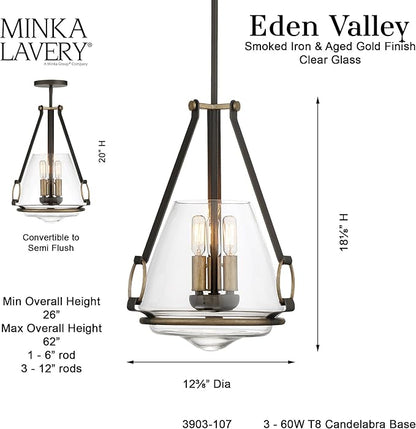 Minka Lavery 3903-107 Eden Valley Convertible Pendant to Semi-Flush, 3-Light, 180 Total Watts, 12.38-in H x 18.13-in W, Smoked Iron with Aged Gold