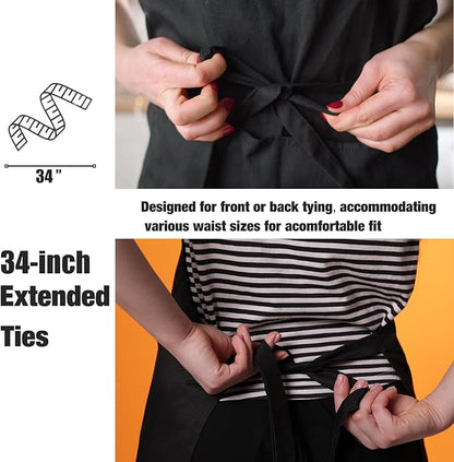 NOBONDO 12 Pack Bib Apron - Unisex Black Apron Bulk with 2 Roomy Pockets Machine Washable for Kitchen Crafting BBQ Drawing